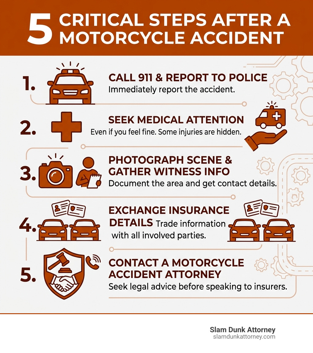 infographic showing 5 critical steps after a motorcycle accident in duluth georgia: call 911 and report to police, seek immediate medical attention even if you feel fine, photograph the scene and gather witness contact information, exchange insurance details with all parties involved, contact a georgia motorcycle accident attorney before speaking to insurance adjusters - Duluth, Georgia motorcycle accident lawyer infographic infographic-line-5-steps-blues-accent_colors