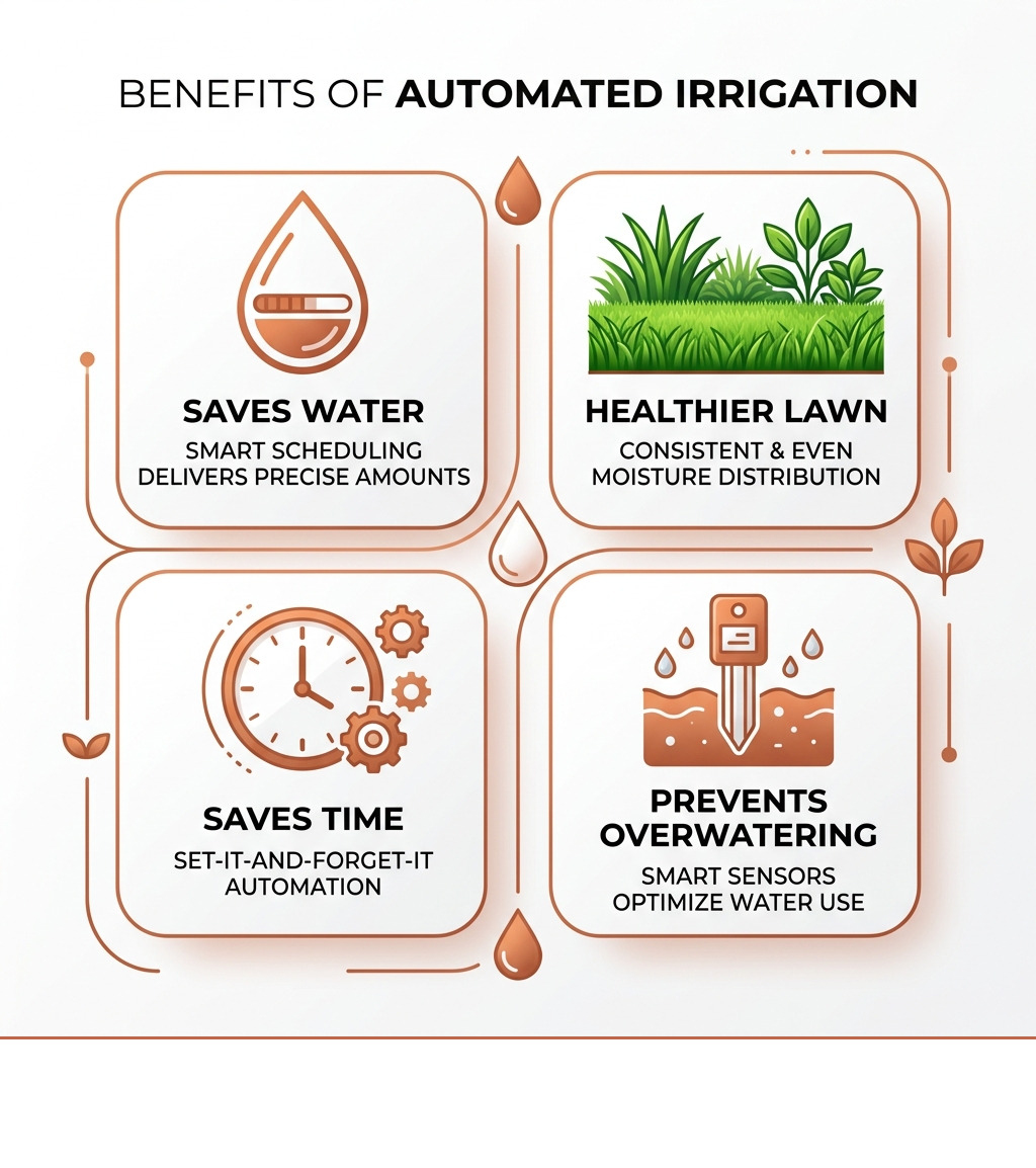 Infographic showing benefits of automated irrigation: saves water, healthier lawn, saves time, prevents overwatering Infographic showing benefits of automated irrigation: saves water, healthier lawn, saves time, prevents overwatering
