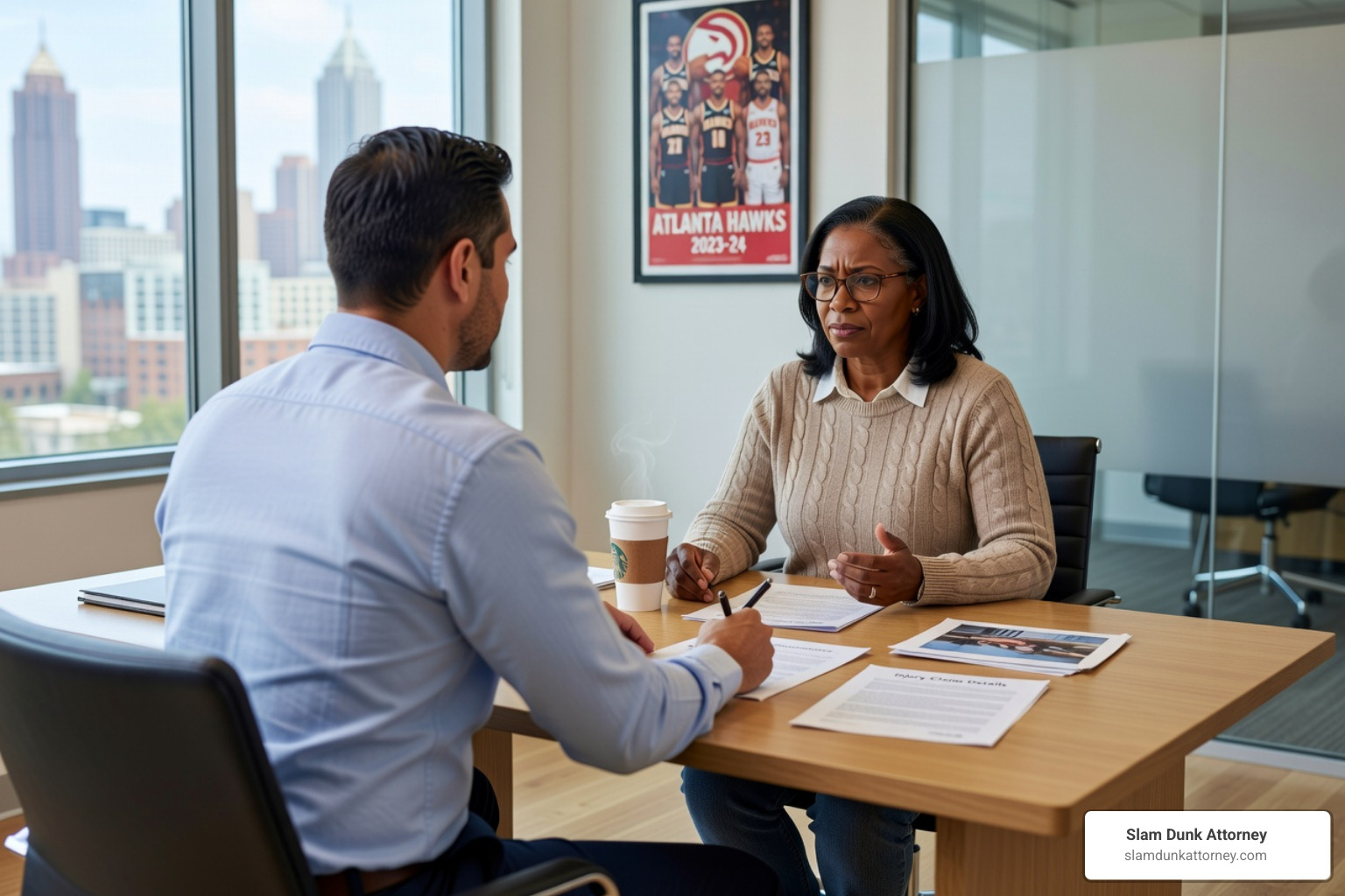 friendly attorney in a polo shirt talking with a client in a casual sweater at a park in Duluth, Georgia - wrongful death lawsuit