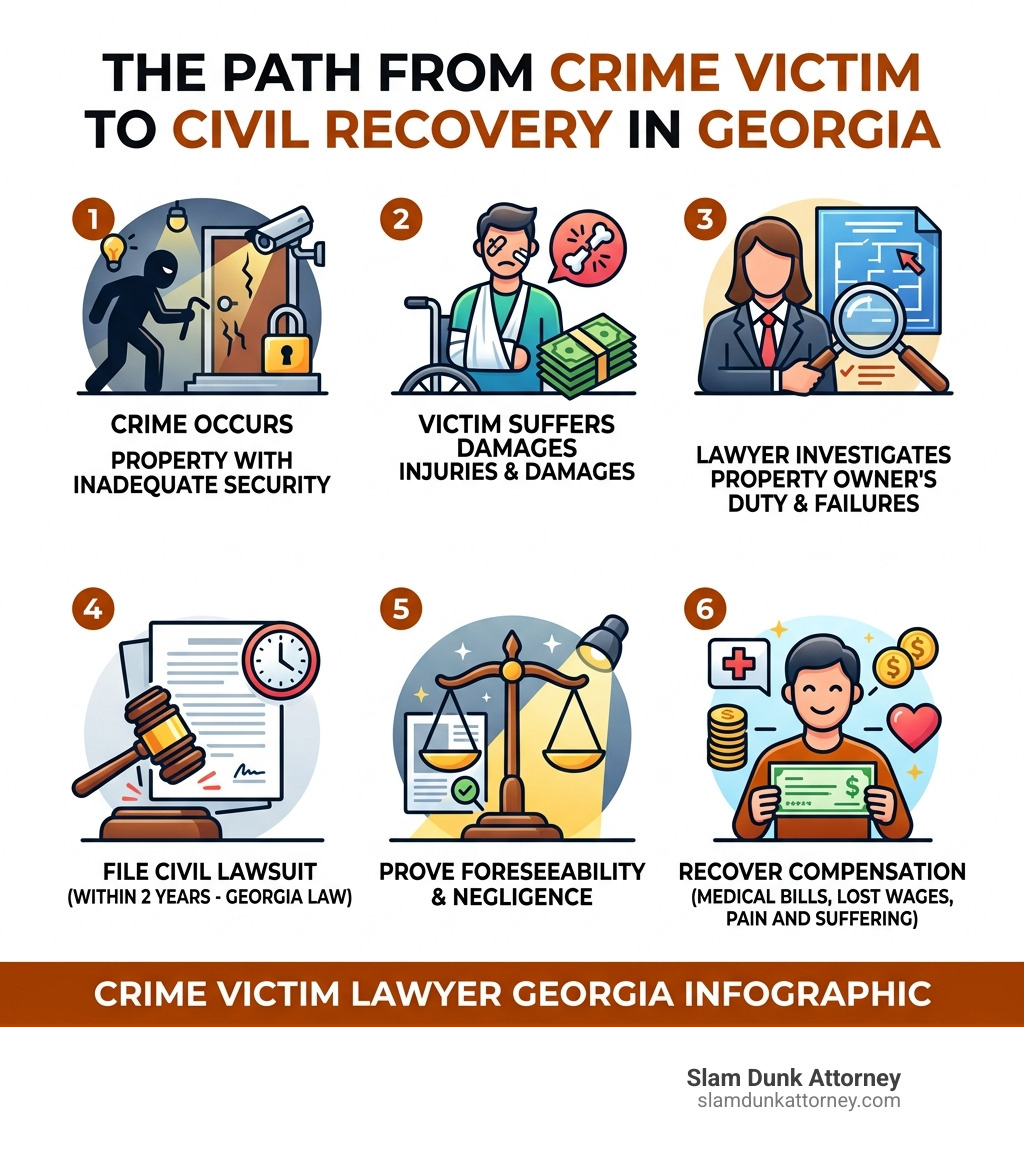 Infographic showing the path from crime victim to civil recovery in Georgia: 1) Crime occurs at property with inadequate security, 2) Victim suffers injuries and damages, 3) Crime victim lawyer investigates property owner's duty and failures, 4) File civil lawsuit within 2 years under Georgia law, 5) Prove foreseeability and negligence, 6) Recover compensation for medical bills, lost wages, pain and suffering - Crime victim lawyer Georgia infographic 
