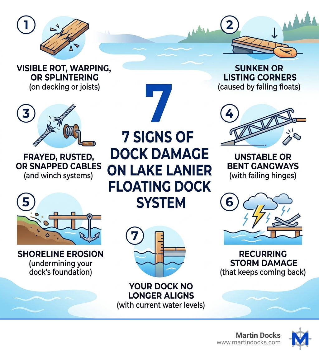 7 signs of dock damage on Lake Lanier floating dock system infographic - Dock Repair on Lake Lanier infographic 7 signs of dock damage on Lake Lanier floating dock system infographic - Dock Repair on Lake Lanier infographic