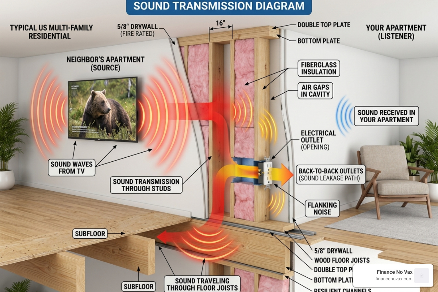 Sound waves vibrating through wall studs and air gaps - how to block out neighbours tv noise