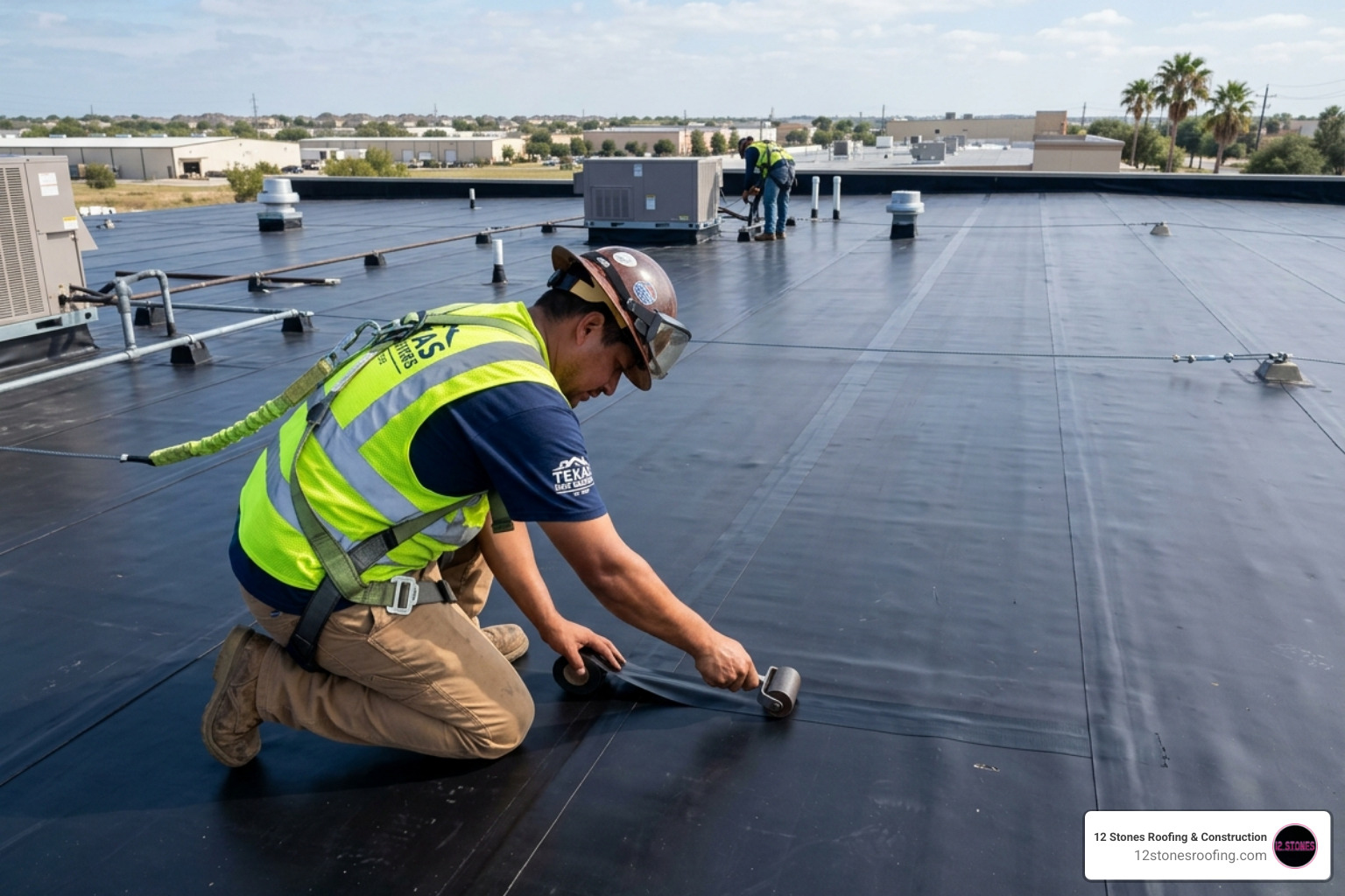 Contractor sealing EPDM seams with specialized tape and rollers - epdm rubber roofing contractors