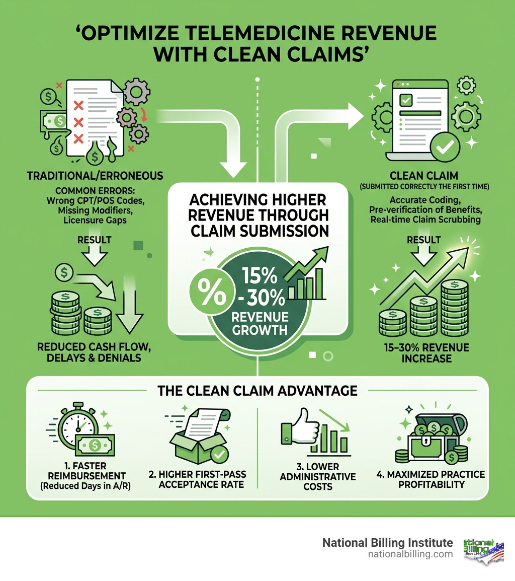 Infographic showing that clean claims result in 15-30% revenue increases - usa telemedicine billing infographic Infographic showing that clean claims result in 15-30% revenue increases - usa telemedicine billing infographic