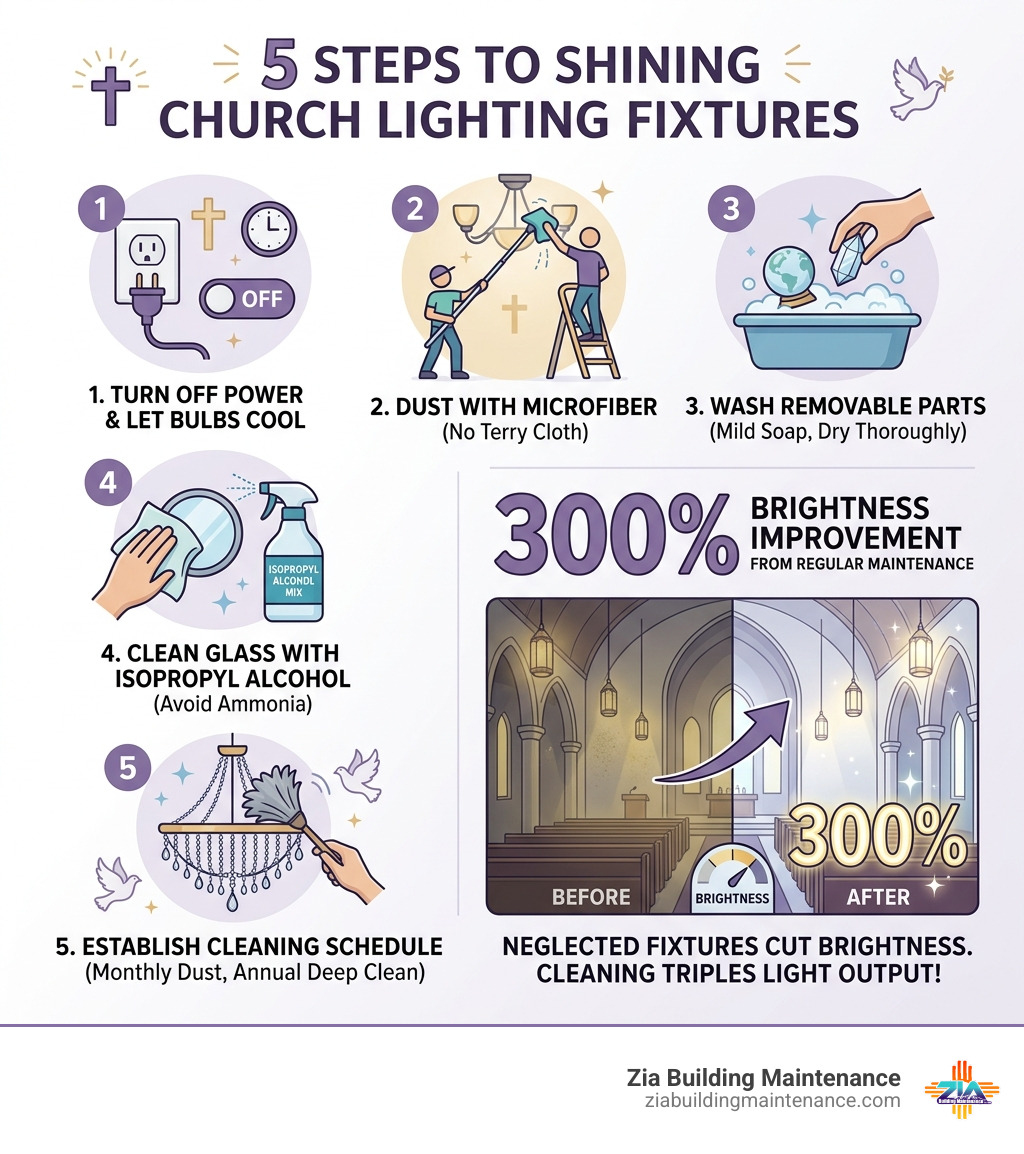 Infographic showing 5 steps of church lighting fixture cleaning and 300% brightness improvement from regular maintenance Infographic showing 5 steps of church lighting fixture cleaning and 300% brightness improvement from regular maintenance