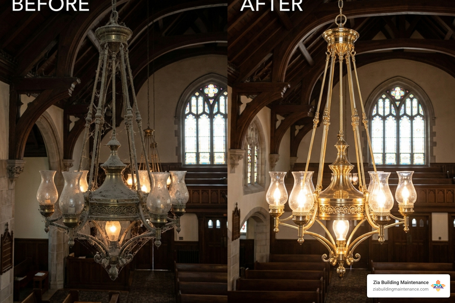 Comparison of a dusty, dim light fixture vs. a sparkling clean one - church lighting fixture cleaning Comparison of a dusty, dim light fixture vs. a sparkling clean one - church lighting fixture cleaning