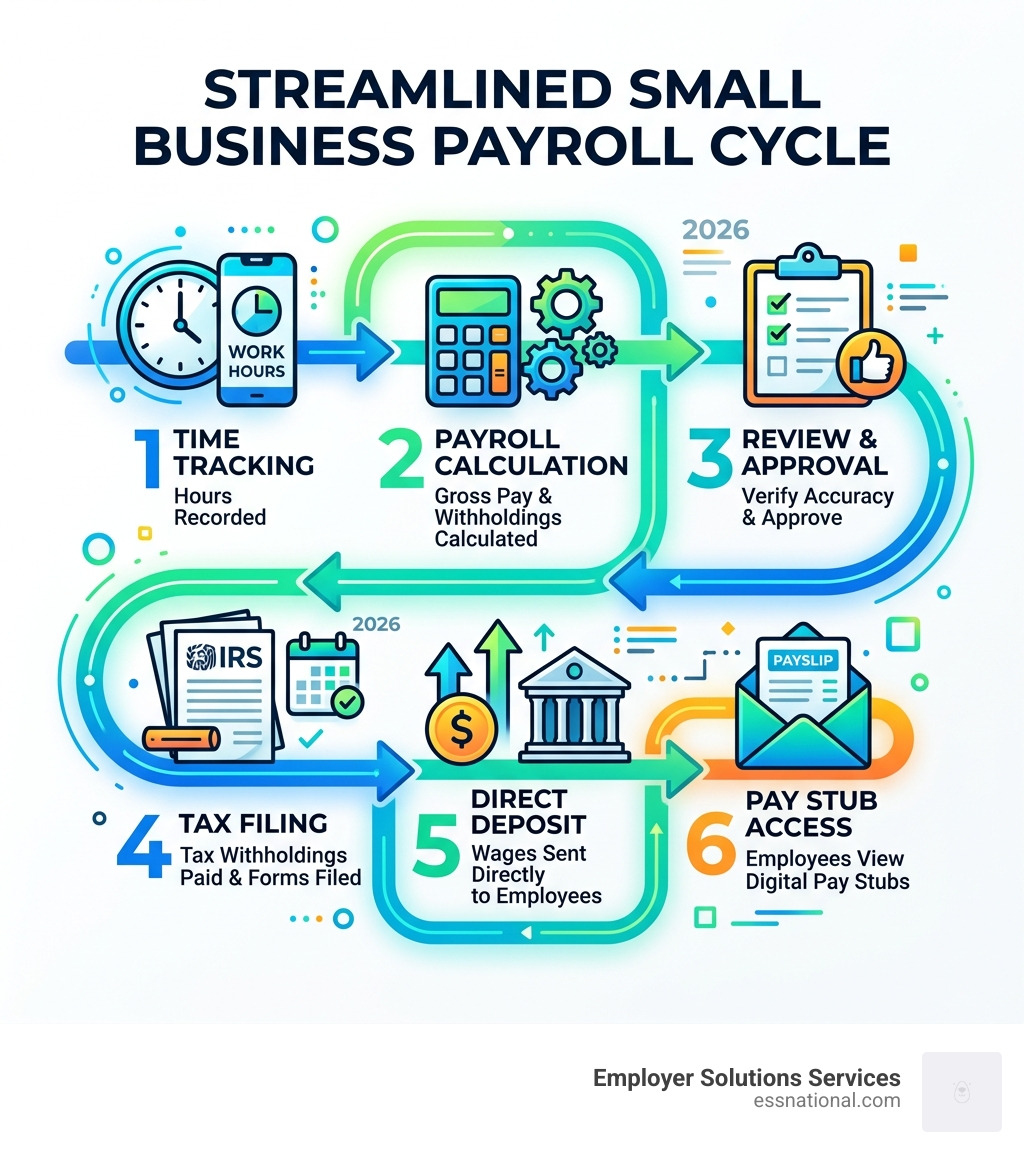 Payroll cycle infographic showing steps from hours tracking to tax filing and direct deposit - payroll services for small Payroll cycle infographic showing steps from hours tracking to tax filing and direct deposit - payroll services for small