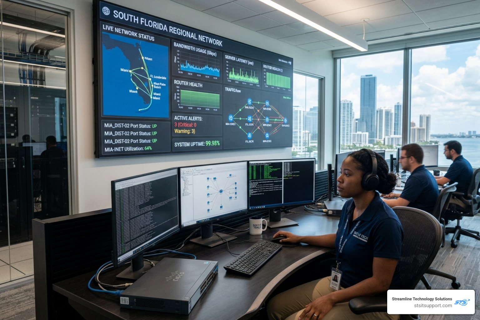 Network engineer monitoring a real-time dashboard for South Florida IT infrastructure - it services south florida