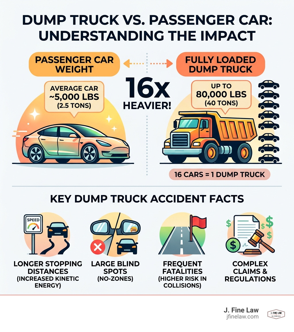 infographic comparing passenger car weight vs loaded dump truck with key dump truck accident facts - Dump truck accident infographic comparing passenger car weight vs loaded dump truck with key dump truck accident facts - Dump truck accident