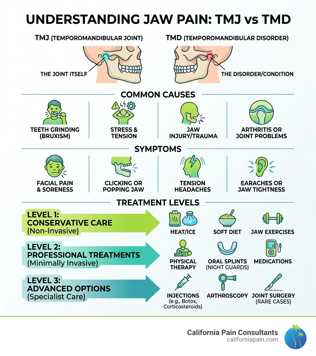TMJ vs TMD basics infographic showing causes symptoms and treatment levels - TMJ pain solutions infographic 