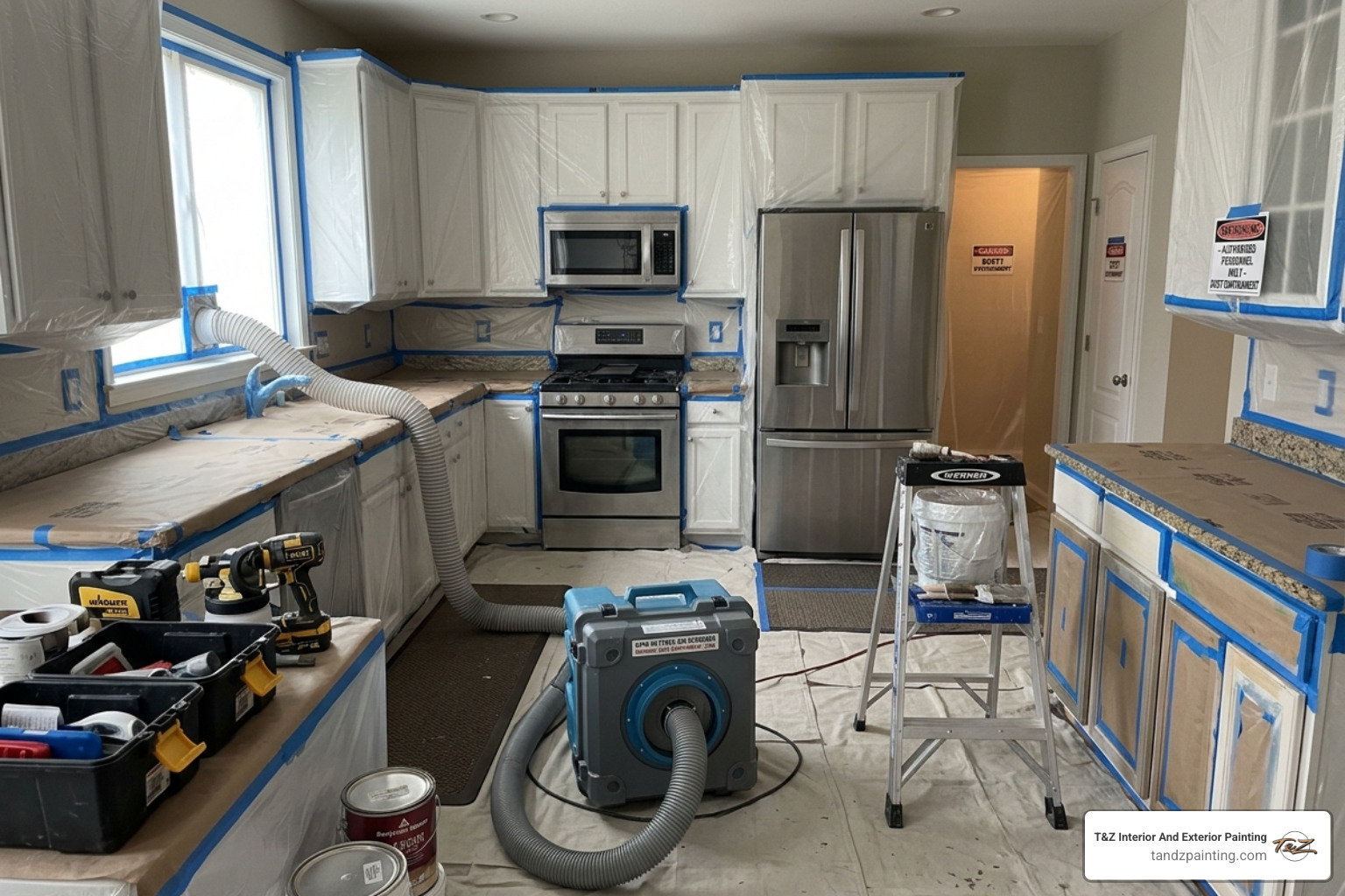 A kitchen meticulously masked with plastic and tape, showing floor protection and dust containment setup - cabinet frame