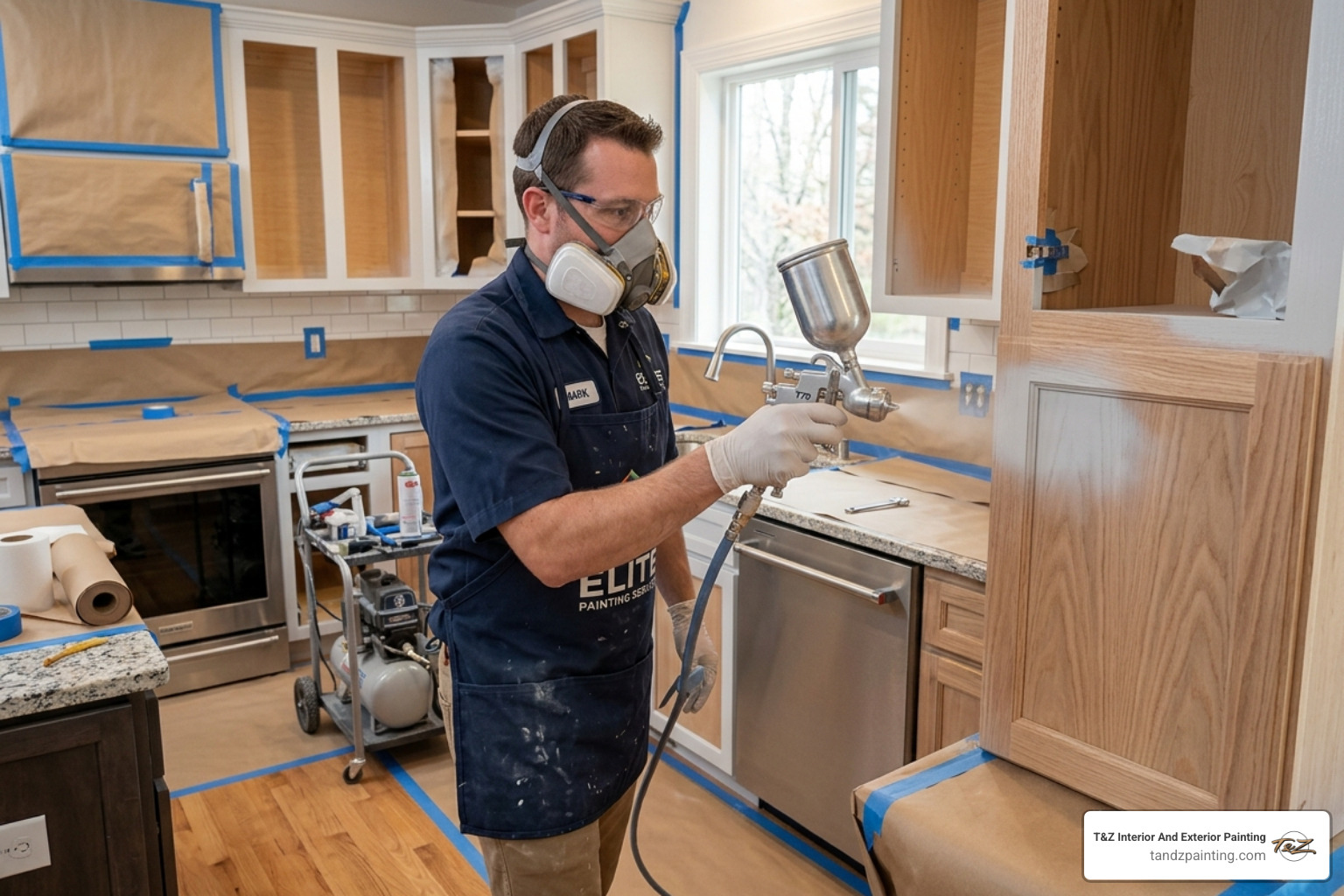 Professional HVLP spray application on cabinet frames with full protective masking - cabinet frame refinishing experts