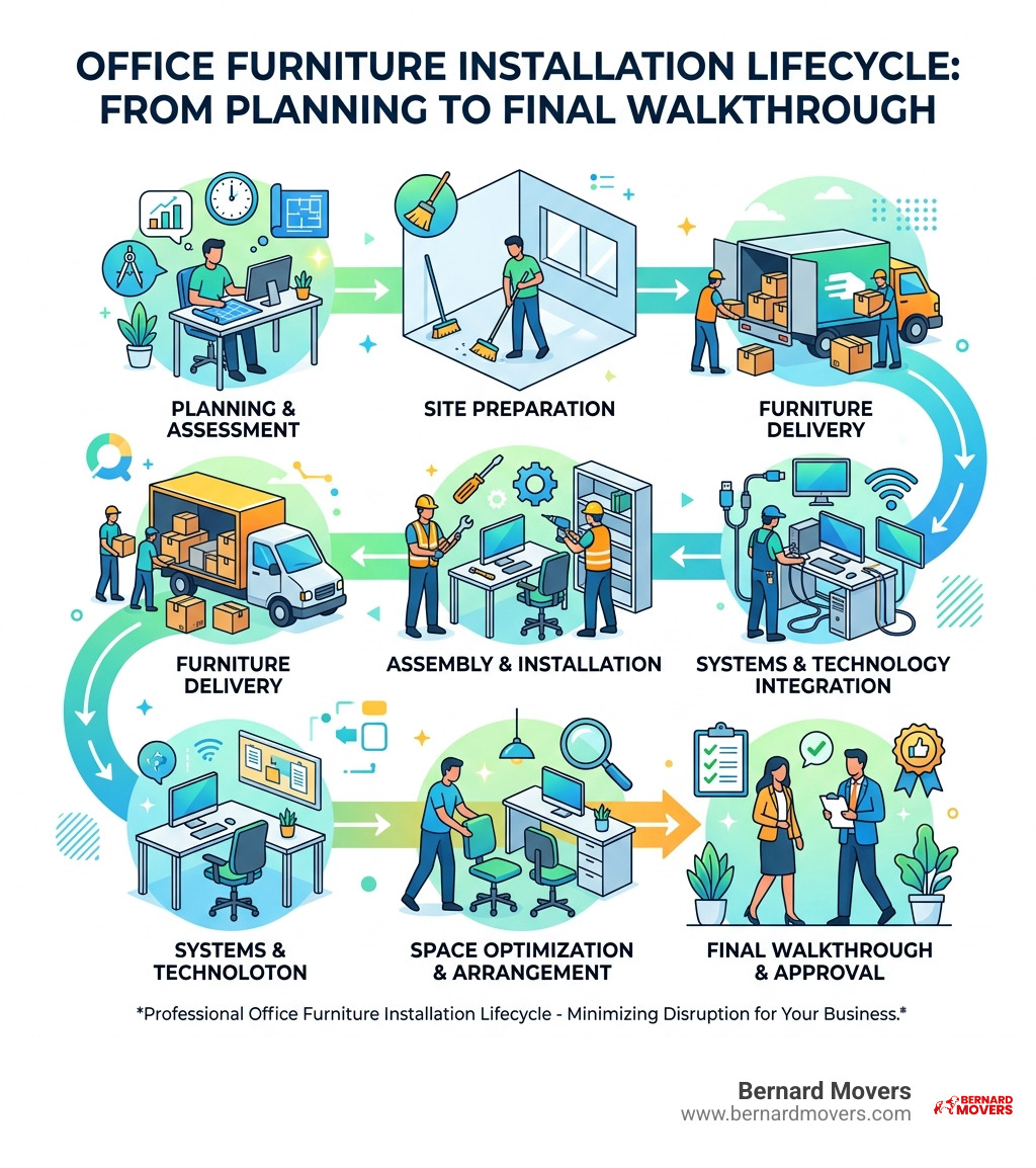 Office furniture installation lifecycle from planning to final walkthrough infographic - office furniture installation