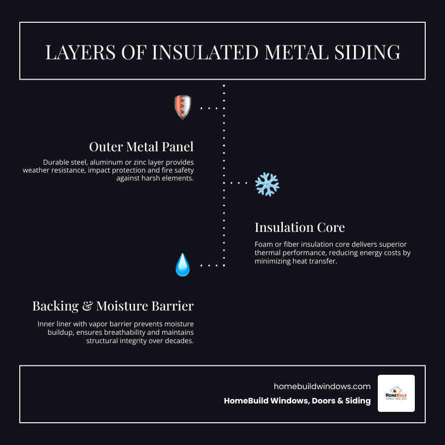 Infographic showing layers of insulated metal siding system with labeled components - metal siding contractors infographic Infographic showing layers of insulated metal siding system with labeled components - metal siding contractors infographic