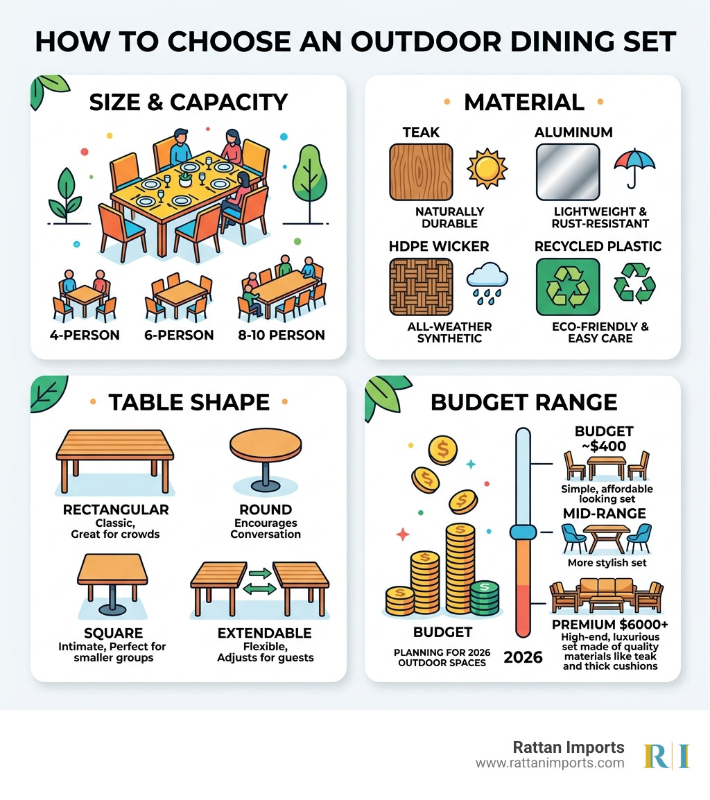 infographic showing how to choose an outdoor dining set by size, material, shape, and budget - outdoor dining sets
