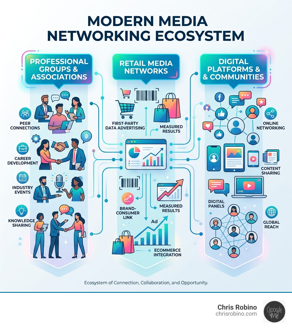 Modern media networking ecosystem showing professional groups, retail media networks, and digital platforms - media