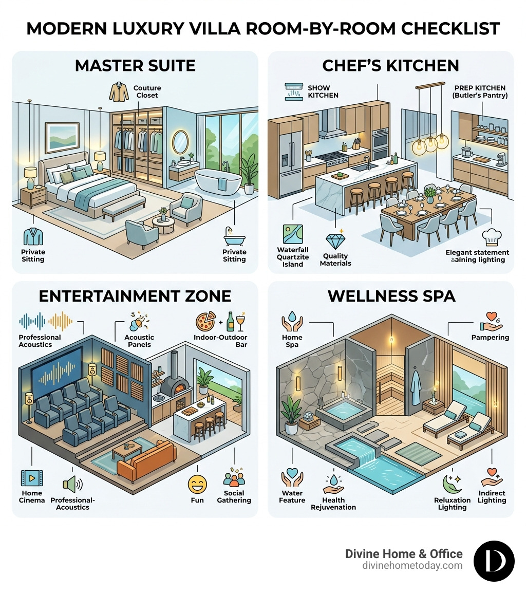 Infographic showing the luxury villa room-by-room checklist: Master Suite, Chef's Kitchen, Entertainment Zone, Wellness Spa