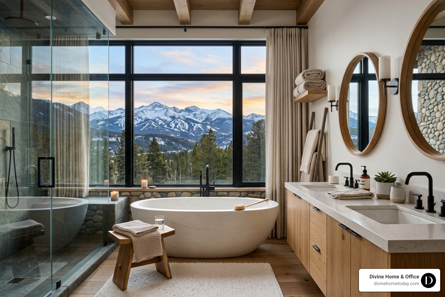 Spa-like modern mountain bathroom with a soaking tub and mountain views - modern luxury villa interior design