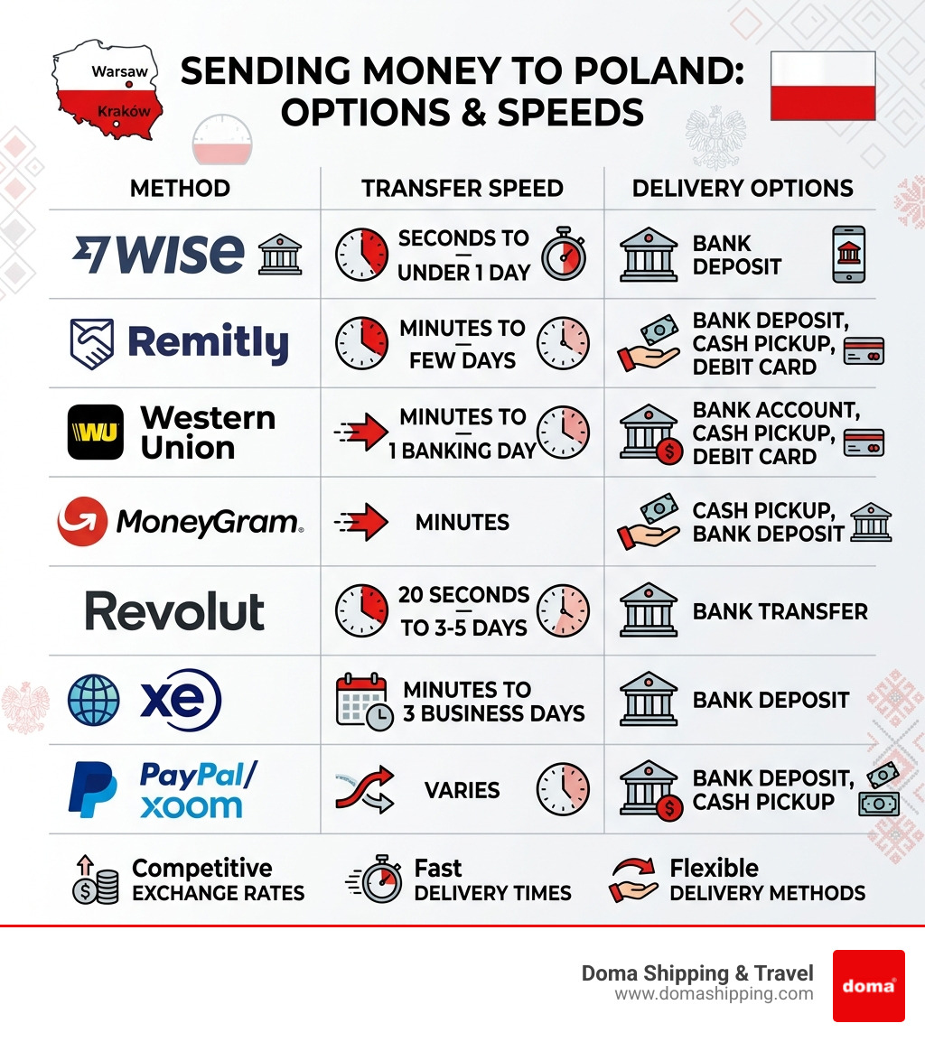 Infographic comparing money transfer to Poland methods, speeds, and delivery options - money transfer to Poland infographic 