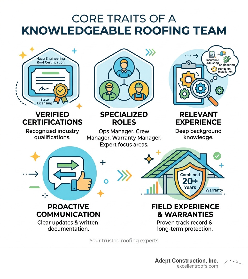 Core traits of a knowledgeable roofing team: certifications, specialized roles, experience, communication, warranties