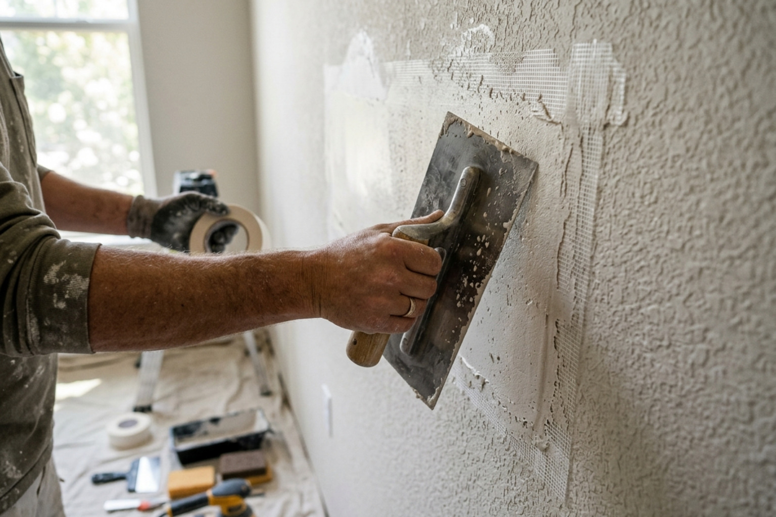 close up of a hand using a trowel to match wall texture - Drywall repair services near me close up of a hand using a trowel to match wall texture - Drywall repair services near me