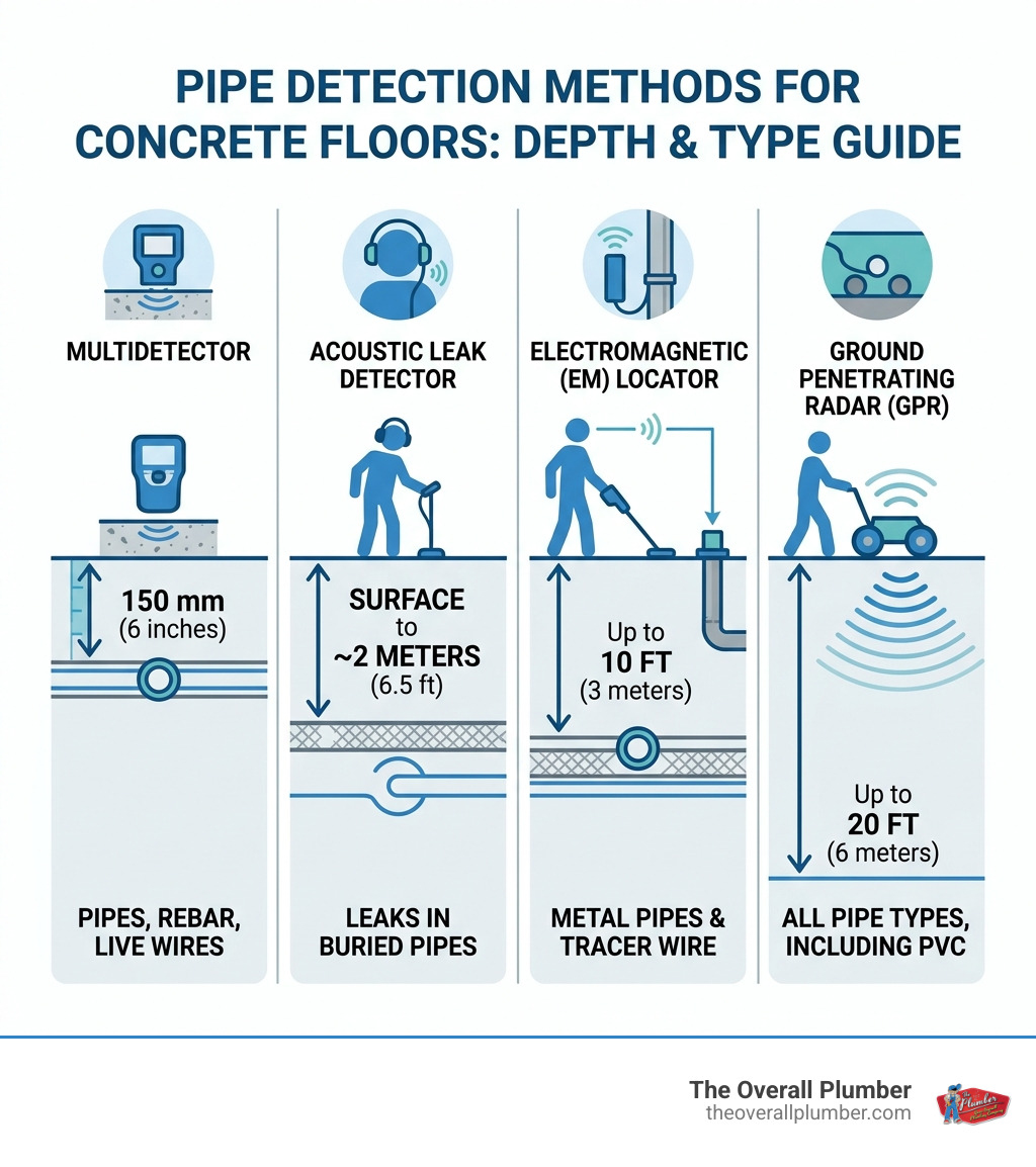 Infographic showing pipe detection methods for concrete floors with depth ranges and pipe types detected - pipe detector for