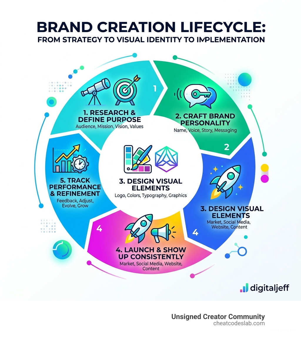 Brand creation lifecycle infographic showing steps from strategy to visual identity to implementation - brand creation