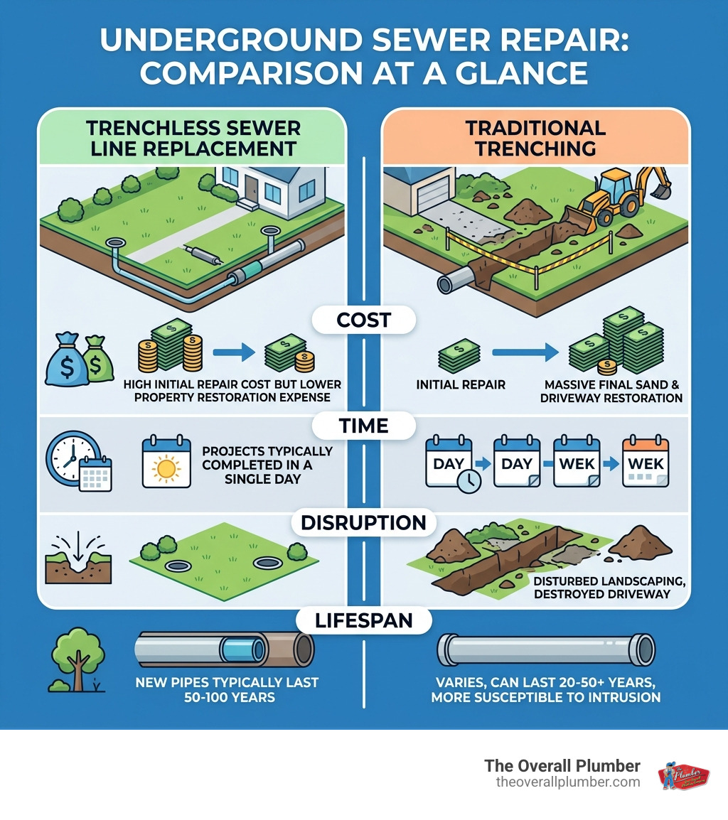 Infographic showing trenchless sewer line replacement vs traditional trenching: cost, time, disruption, and lifespan