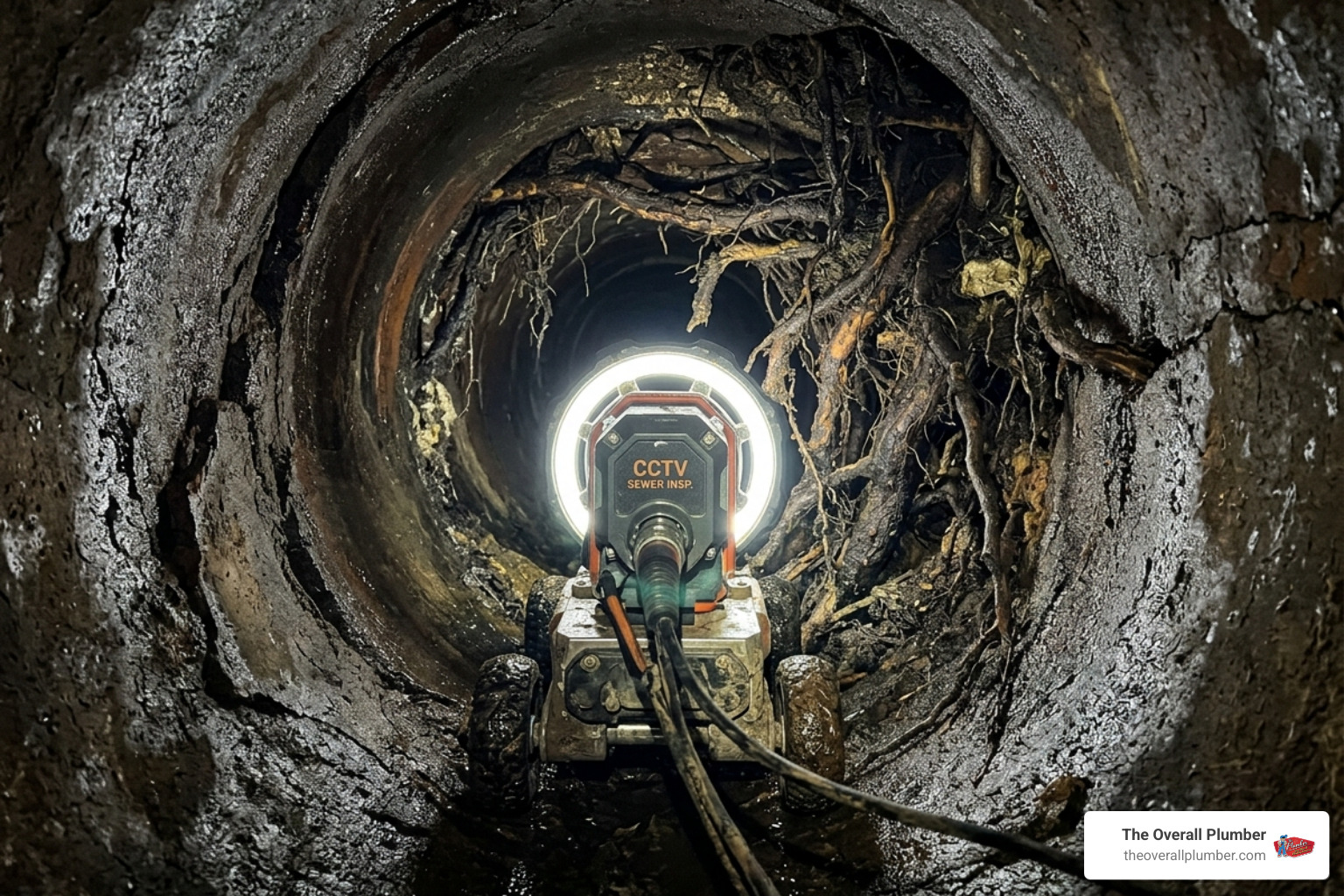 A high-tech sewer camera navigating through a dark, underground pipe to find blockages and cracks - trenchless sewer line