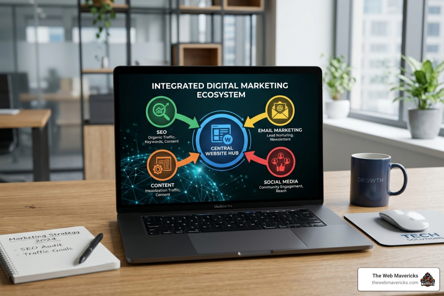 An interconnected digital marketing web showing how SEO, email, and social media feed back into a central website hub