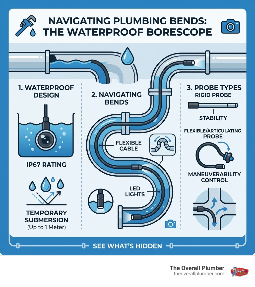 how a borescope navigates plumbing bends with IP67 rating and probe types - waterproof borescope camera infographic 