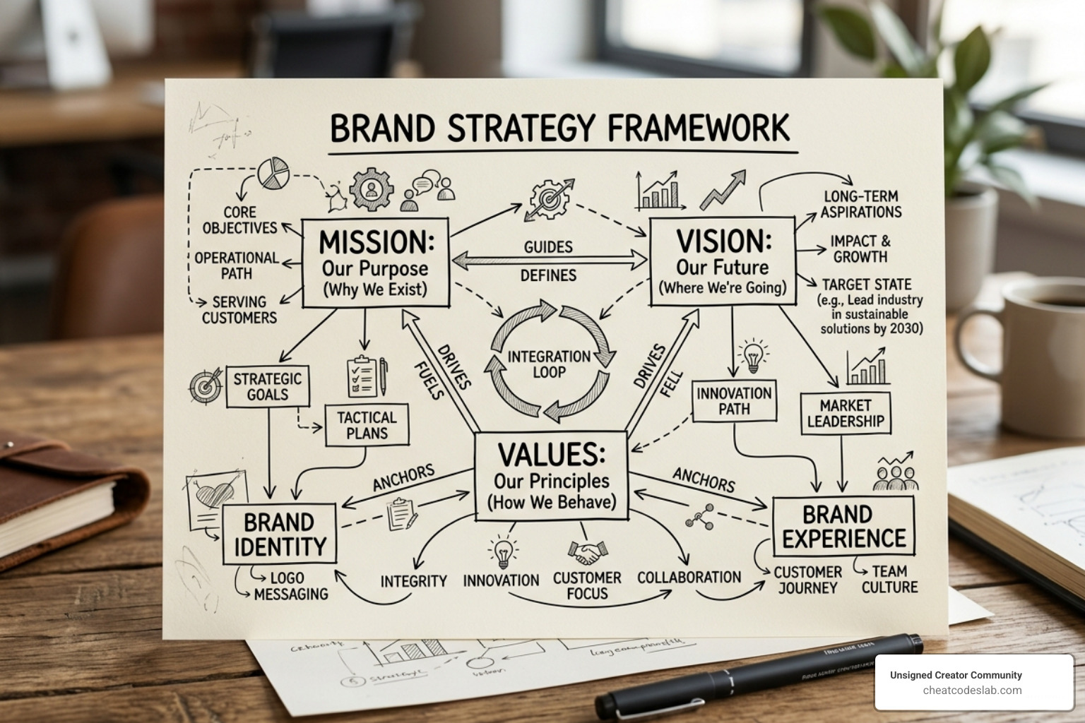 A detailed brand strategy blueprint showing the connection between mission, vision, and values - brand creation