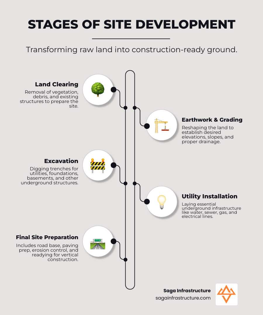 Infographic showing stages of site development: land clearing, grading, excavation, utility installation, paving, and