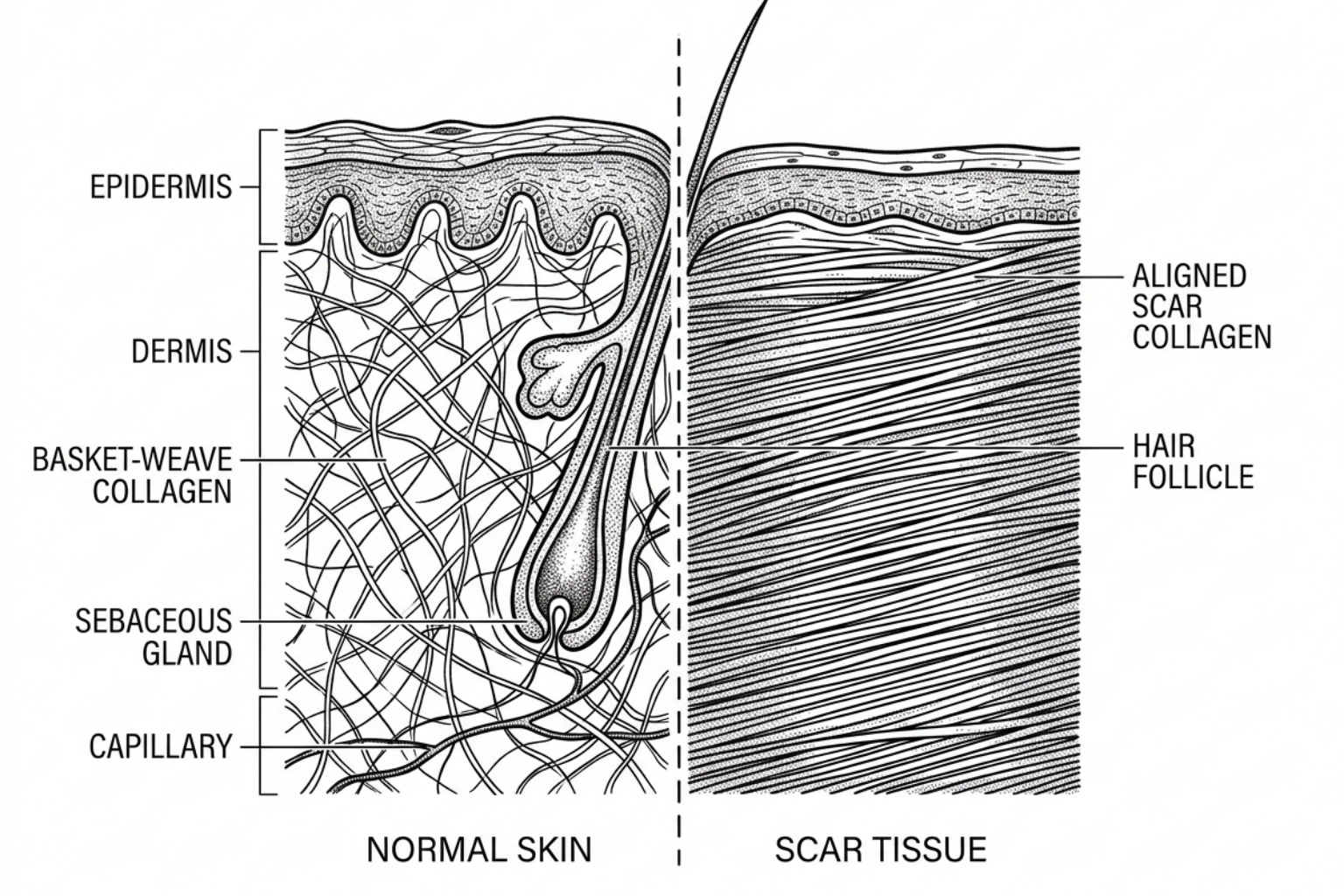 skin cross-section showing collagen fibers - surgery scar treatment