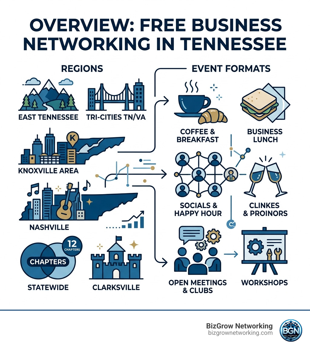 Overview infographic of free business networking events across Tennessee regions and formats - free business networking