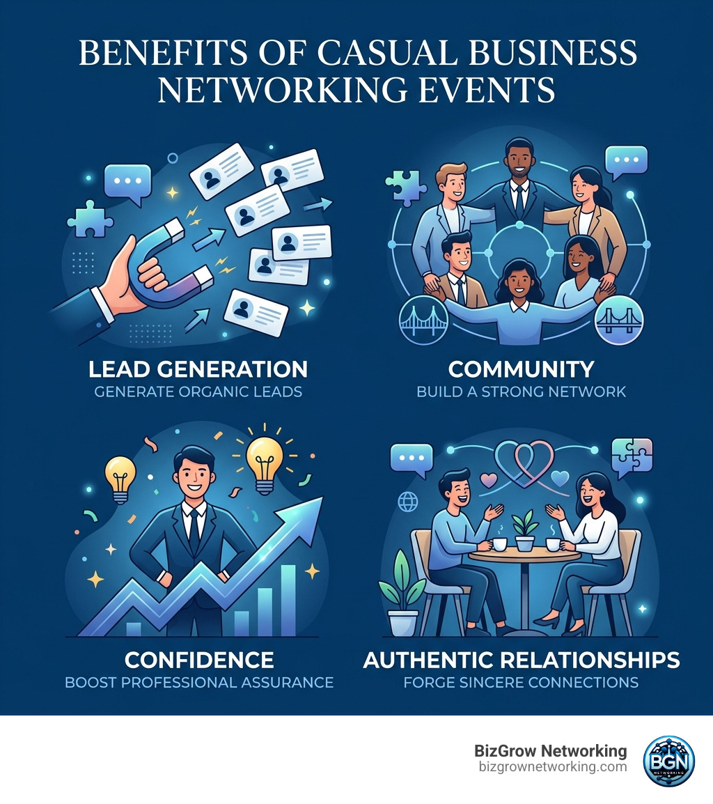 Benefits of casual business networking events: lead generation, community, confidence, and authentic relationships - casual