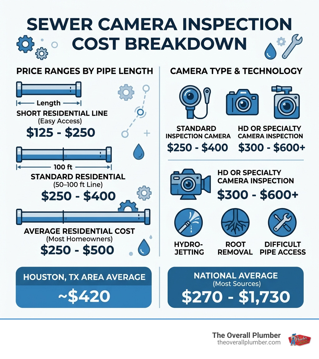 Sewer camera inspection cost breakdown infographic showing price ranges by pipe length, camera type, and add-on services