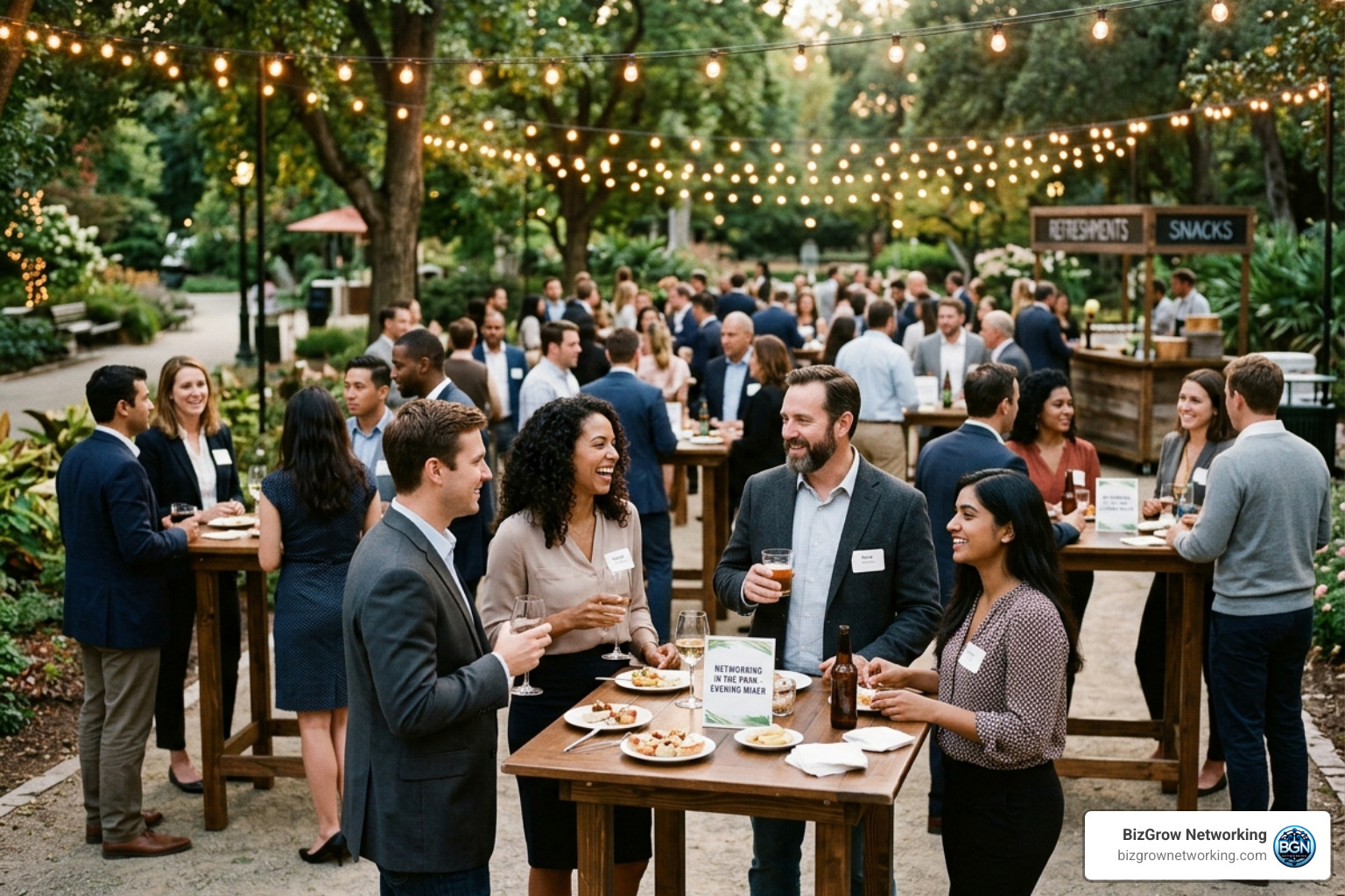 A relaxed outdoor mixer with professionals talking over drinks and snacks - casual business networking events