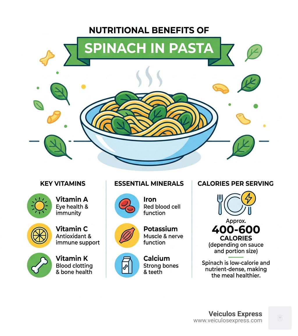 Infographic showing nutritional benefits of spinach in pasta: vitamins, minerals, calories per serving - pasta with spinach