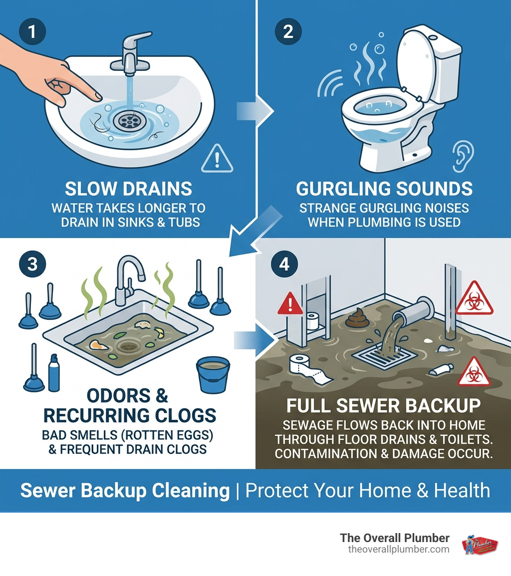 Infographic showing progression from slow drain to full sewer backup in a home - sewer backup cleaning league infographic 