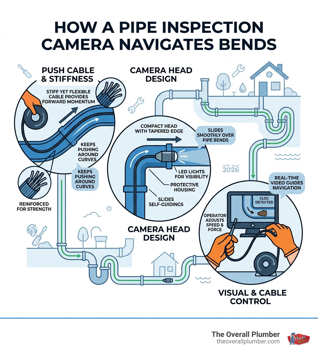 How a pipe inspection camera navigates bends in residential plumbing systems - camera to look in pipes infographic 