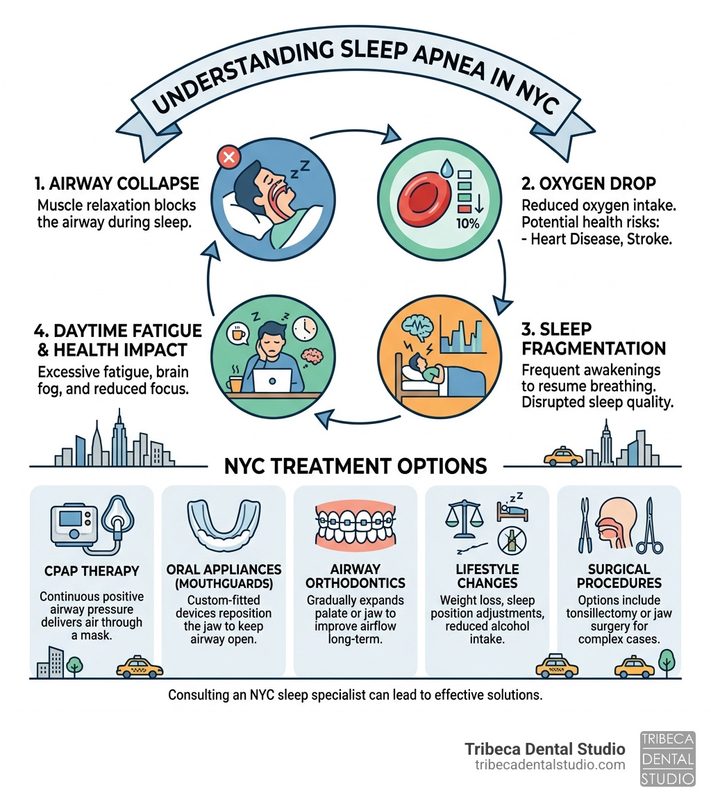 Infographic showing the cycle of airway collapse, oxygen drop, sleep fragmentation, and treatment options in NYC - sleep Infographic showing the cycle of airway collapse, oxygen drop, sleep fragmentation, and treatment options in NYC - sleep