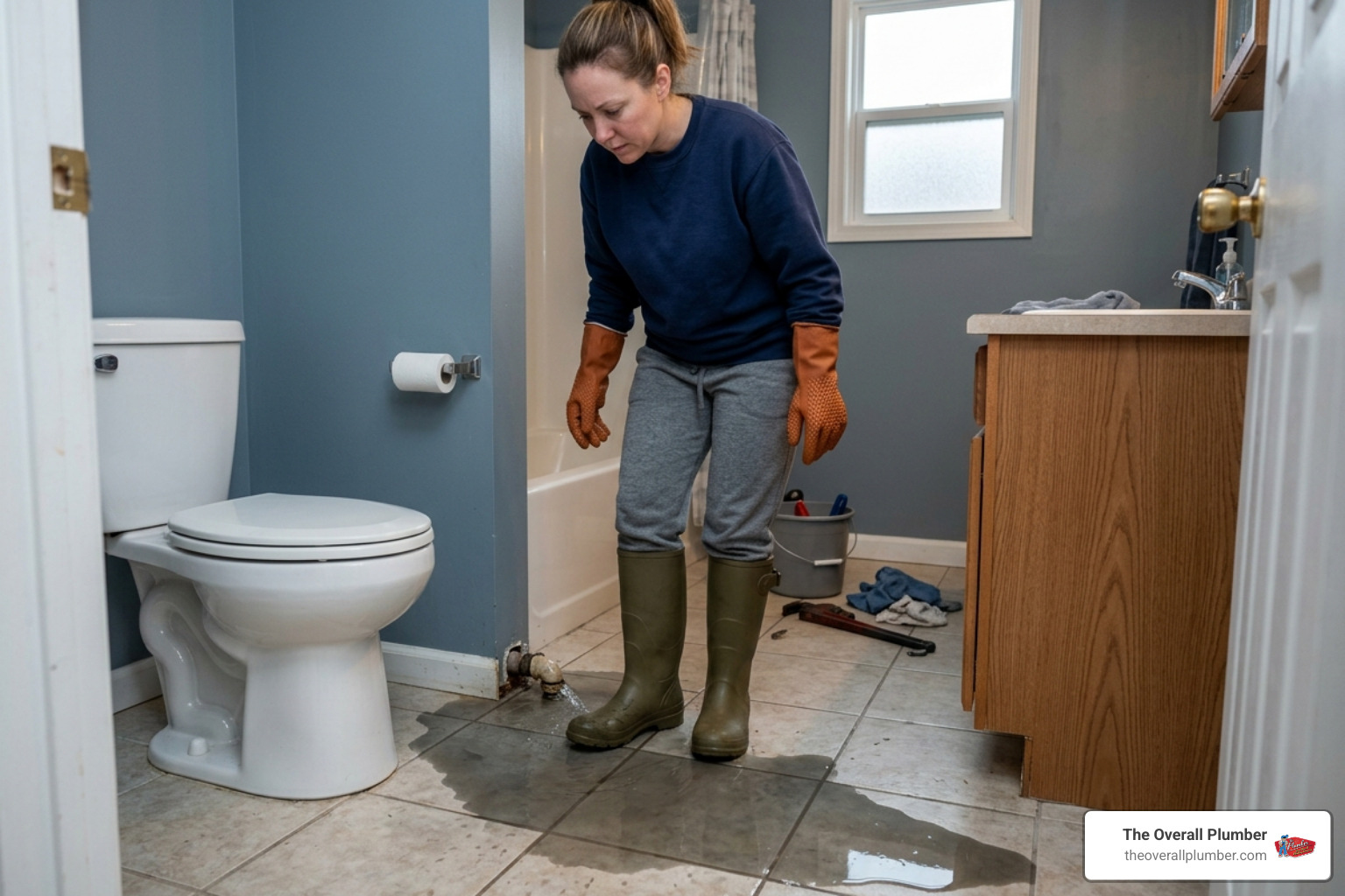 Homeowner wearing protective rubber boots and gloves near a plumbing leak - sewer backup cleaning league
