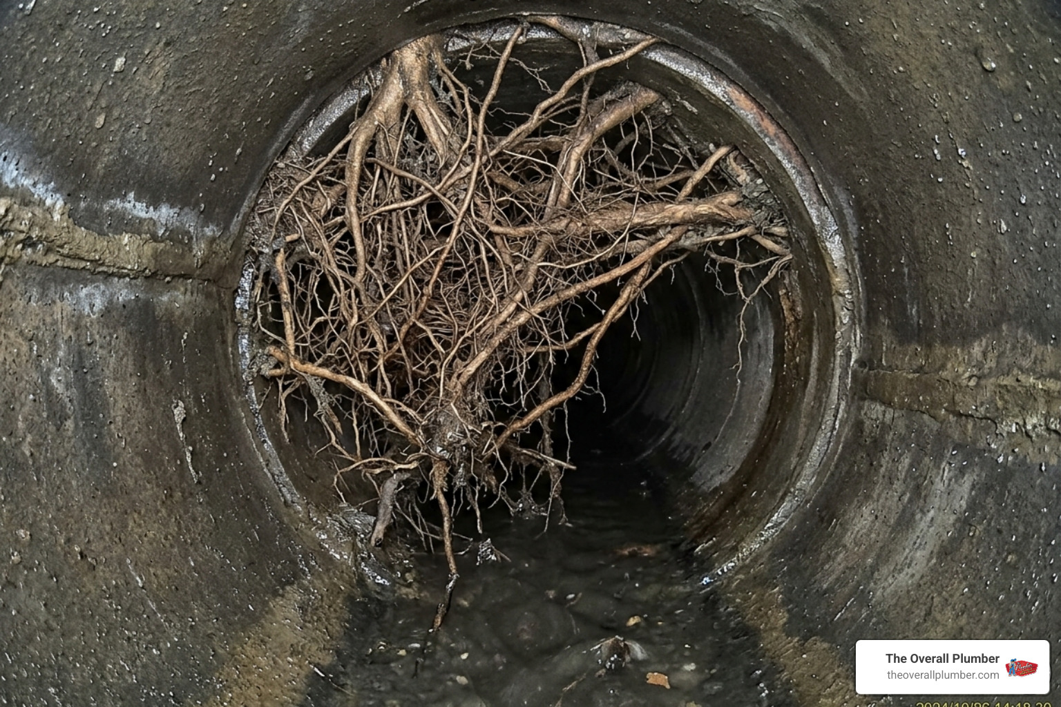 high-definition sewer camera footage showing tree roots inside a pipe - camera inspection sewer cost