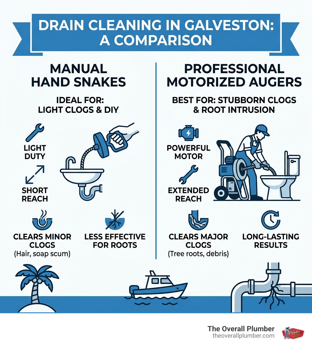 Infographic comparing manual hand snakes vs professional motorized augers for drain cleaning in Galveston - auger drain