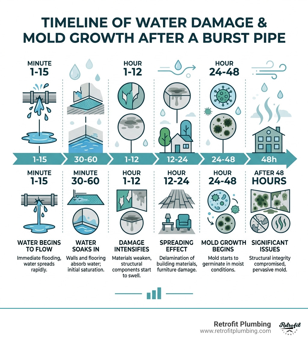 Timeline of water damage and mold growth after a burst pipe, from minute one to 48 hours - burst pipe repair infographic 