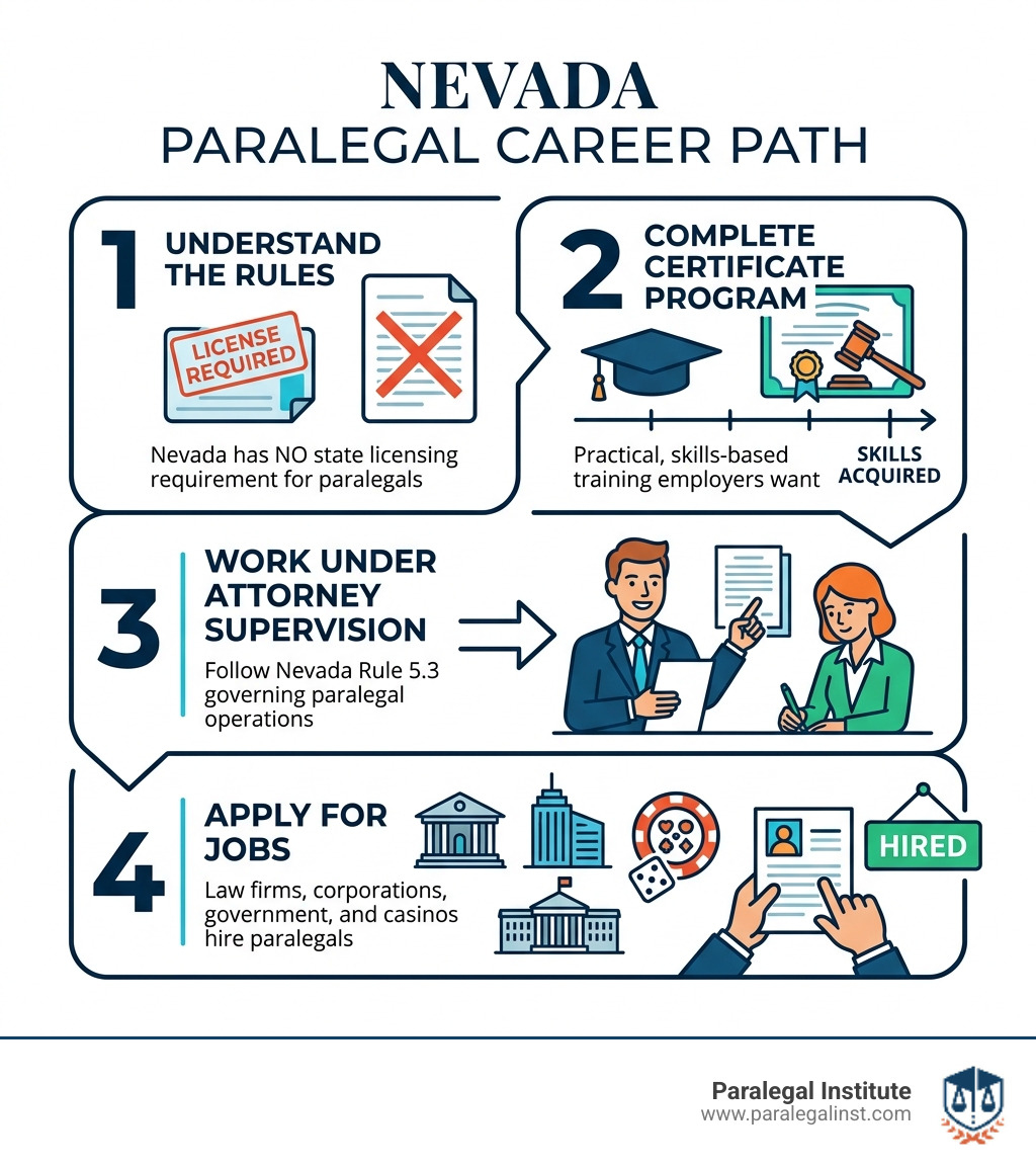 Nevada paralegal career path infographic: no license required, complete certificate program, work under attorney Nevada paralegal career path infographic: no license required, complete certificate program, work under attorney