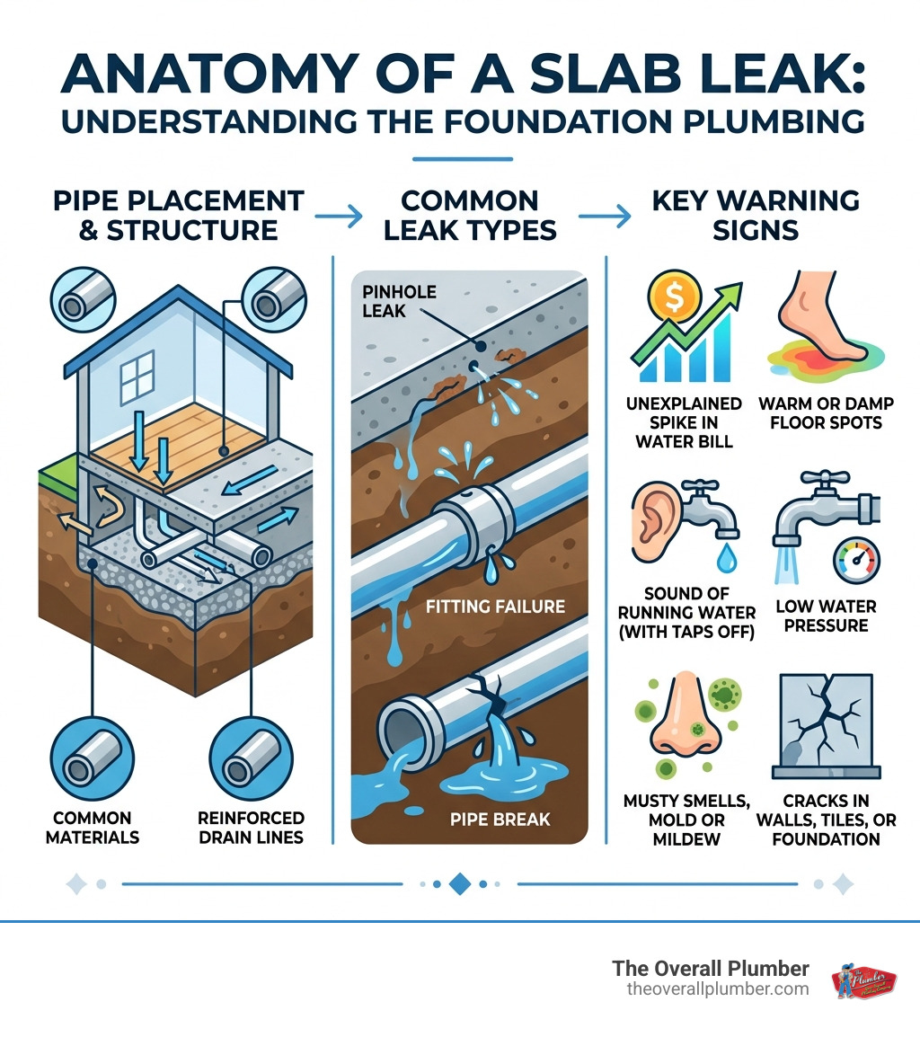 Infographic showing anatomy of a slab leak including pipe placement, leak types, and key warning signs - water leak under