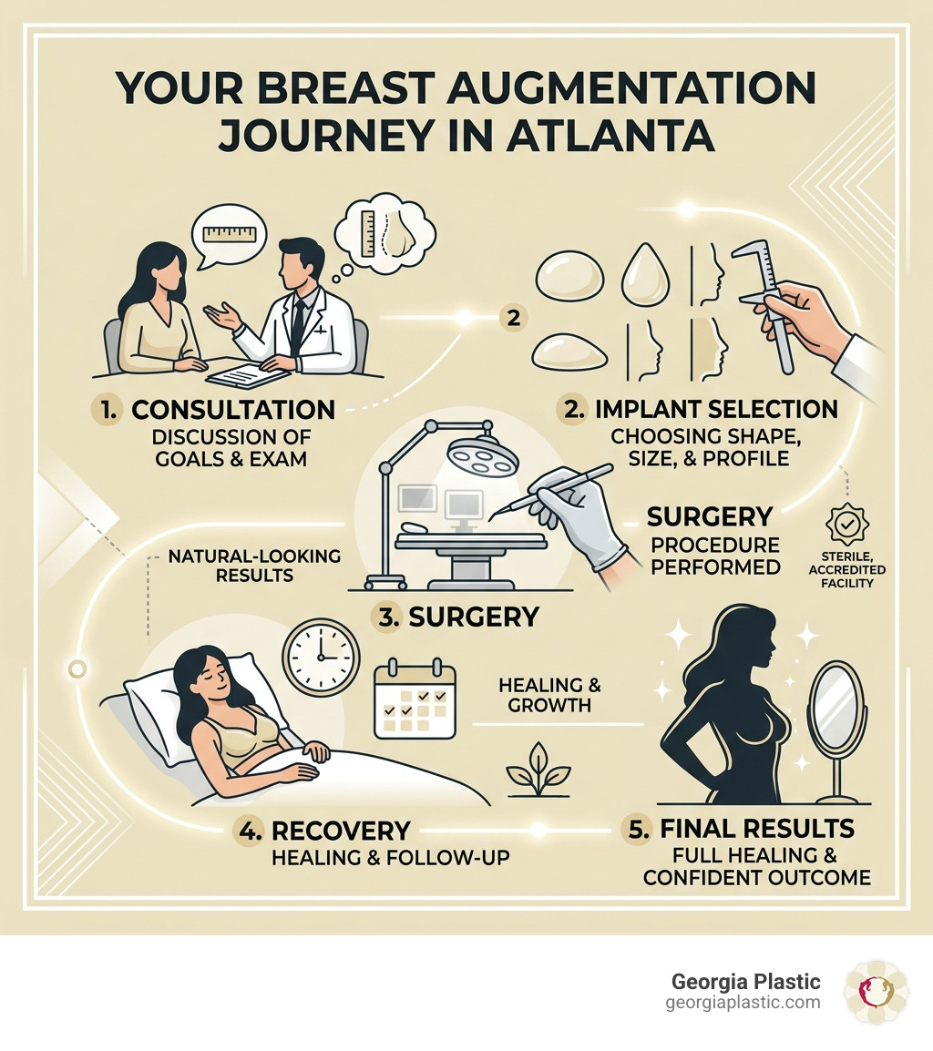 Breast augmentation journey infographic: consultation, implant selection, surgery, recovery, final results - boob job Breast augmentation journey infographic: consultation, implant selection, surgery, recovery, final results - boob job
