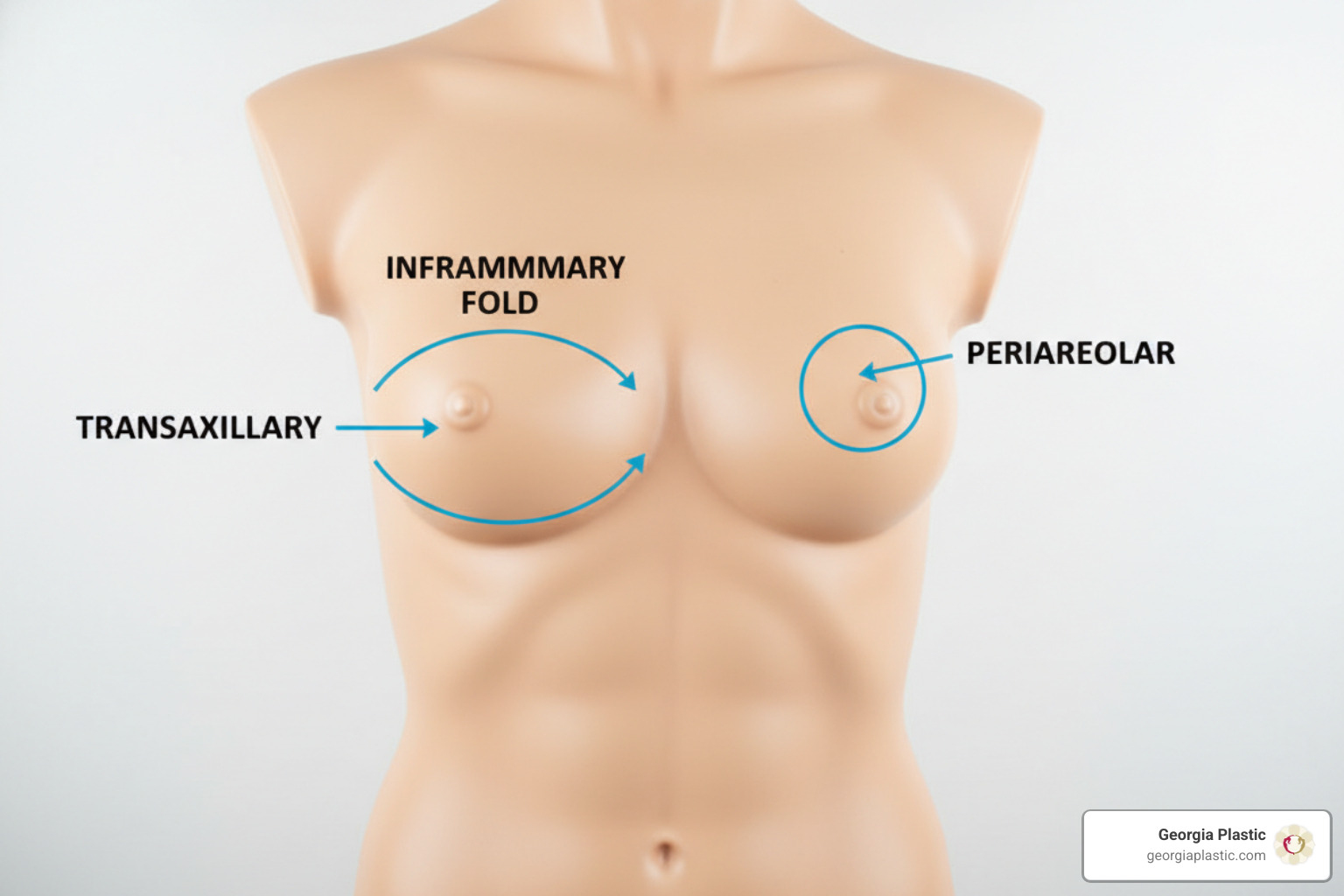Diagram of common incision locations: Inframammary (under the fold), Periareolar (around the nipple), and Transaxillary Diagram of common incision locations: Inframammary (under the fold), Periareolar (around the nipple), and Transaxillary
